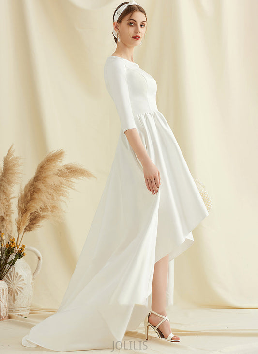 Asymmetrical Wedding Dresses With A-Line Satin Wedding Eve Scoop Pockets Dress Neck