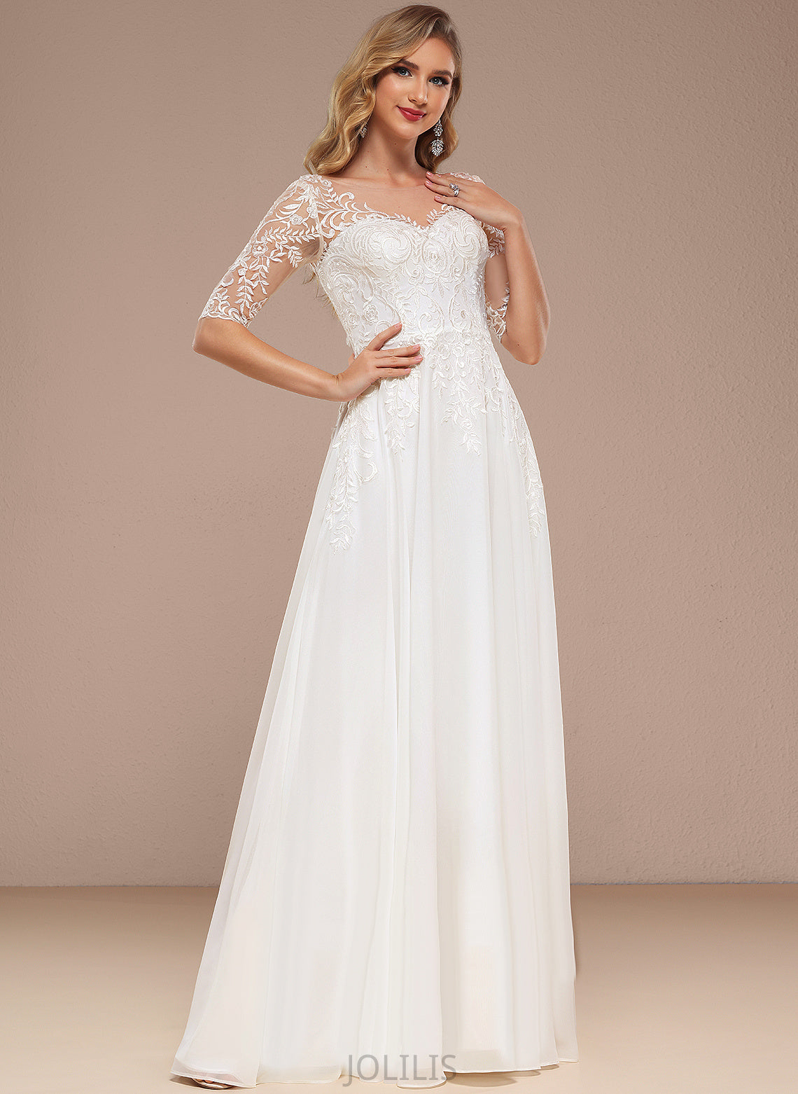 Floor-Length Wedding Louise Dress Wedding Dresses V-neck A-Line Chiffon Lace