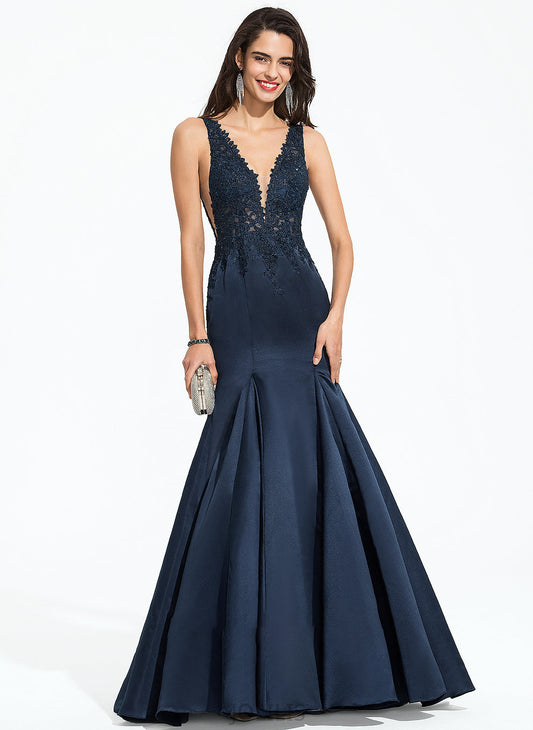 V-neck Beading With Sweep Satin Trumpet/Mermaid Train Prom Dresses Glenda