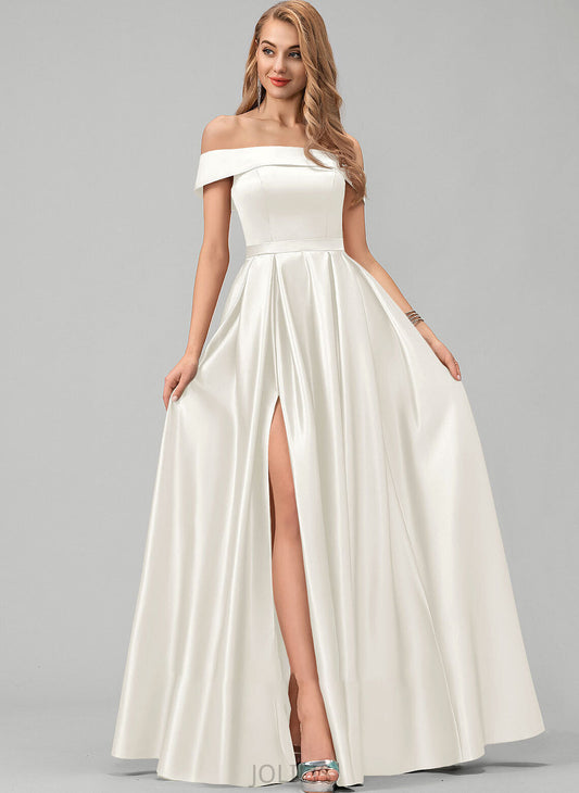 Wedding Dresses With Off-the-Shoulder Dress Ball-Gown/Princess Wedding Pockets Floor-Length Front Split Satin Adriana