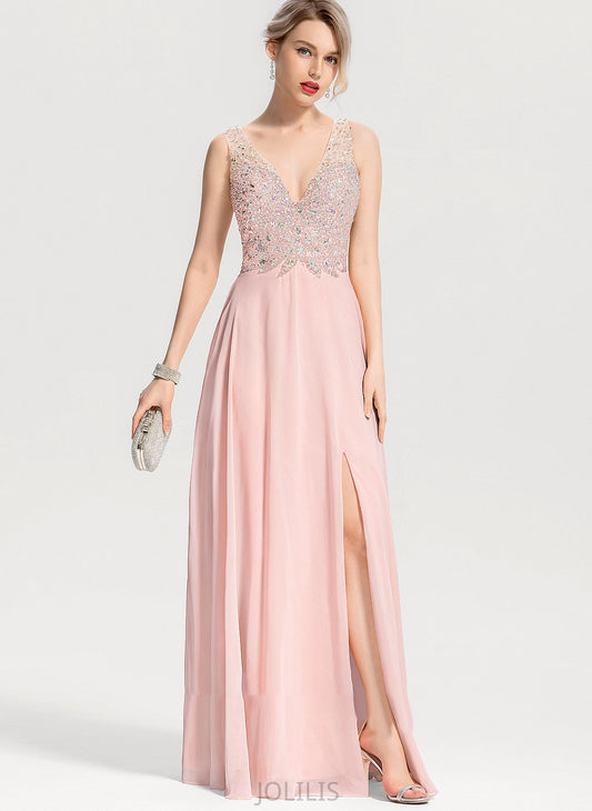 A-Line Floor-Length With Front Natalie Split Chiffon Beading V-neck Prom Dresses Sequins