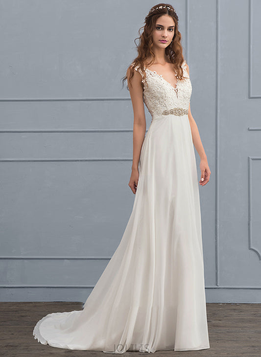 Dress Court Chiffon Beading Train A-Line Wedding Dresses V-neck Wedding With Sequins Hailee