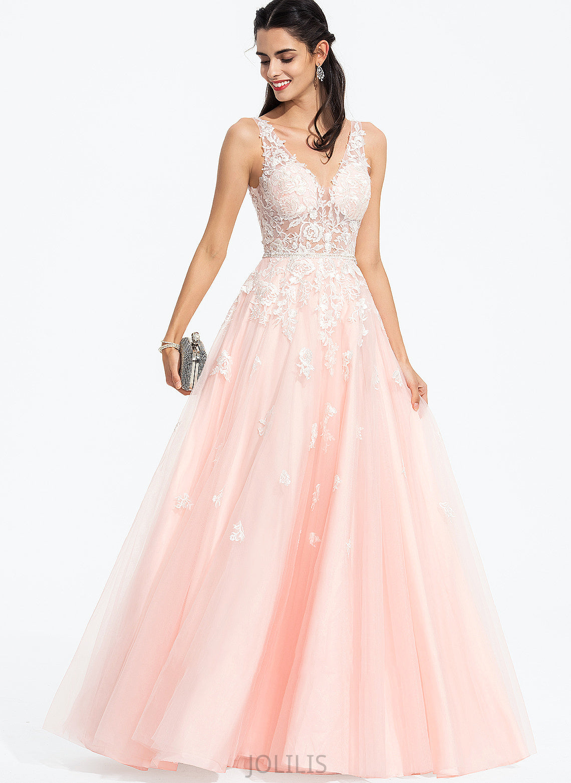 V-neck Tulle Ball-Gown/Princess Sequins With Beading Prom Dresses Floor-Length Maeve