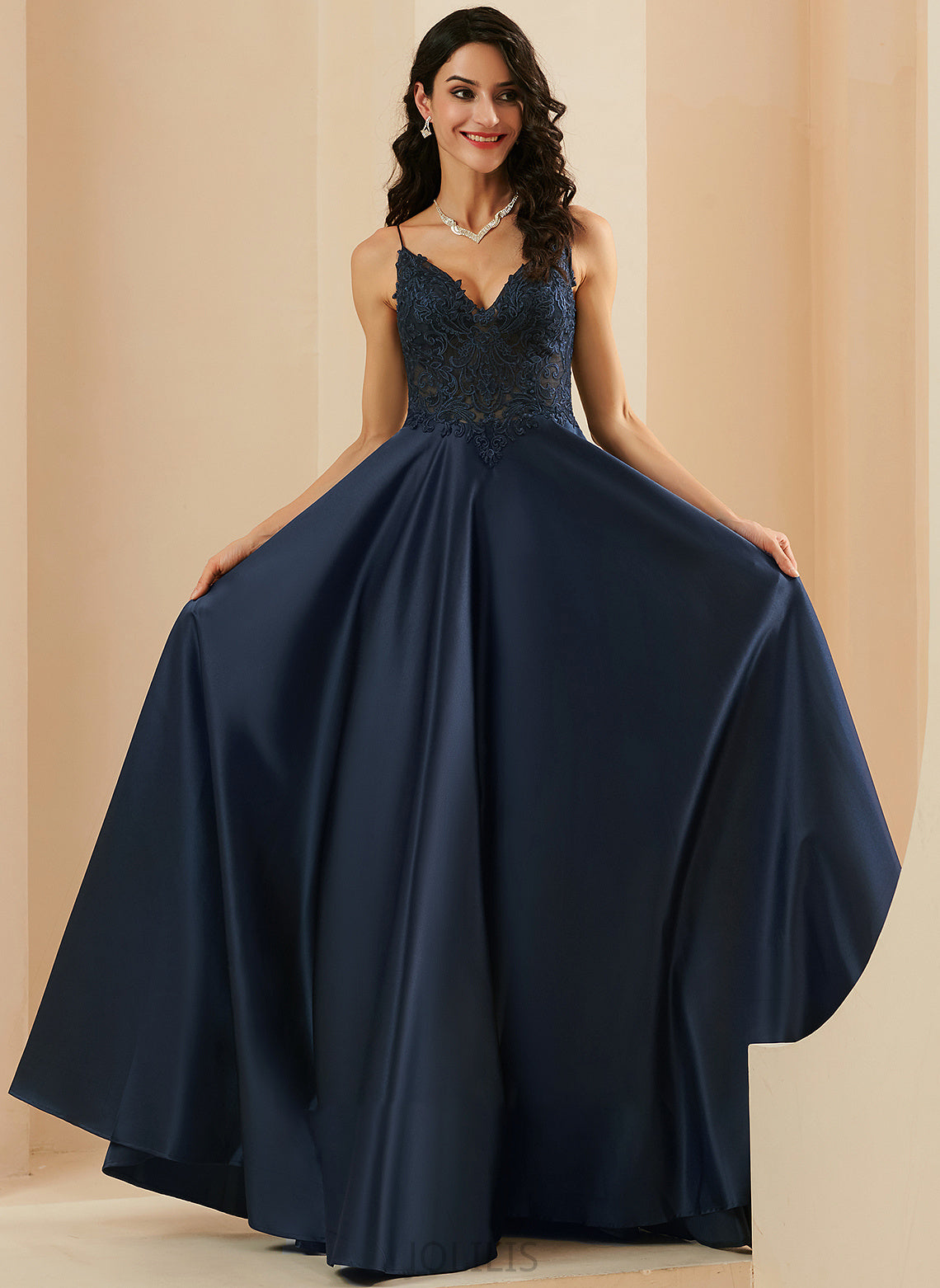 A-Line Prom Dresses Isis Satin With V-neck Floor-Length Lace