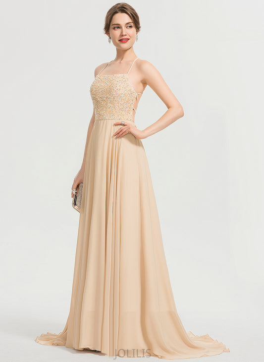 Chiffon Sequins With Sweep A-Line Krista Beading Prom Dresses Square Train