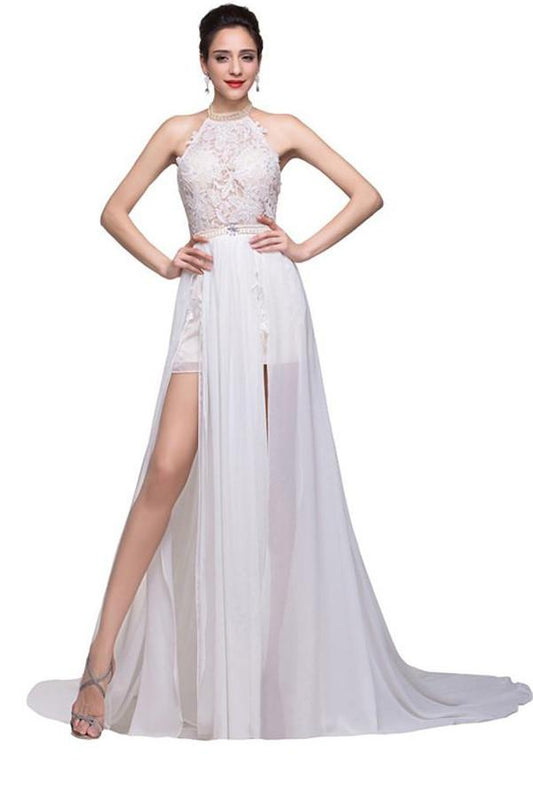 Lace Long Chiffon White Halter Open Back Prom Dresses SM7