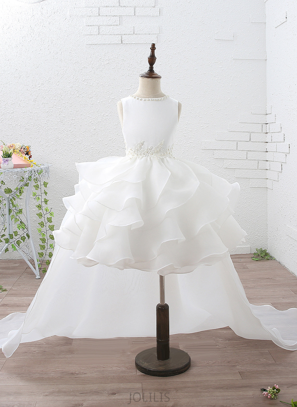 With - Harley Train Scoop Sleeveless Court Ruffles/Beading/Appliques Dress Girl Flower Girl Dresses Ball-Gown/Princess Organza/Satin Neck Flower