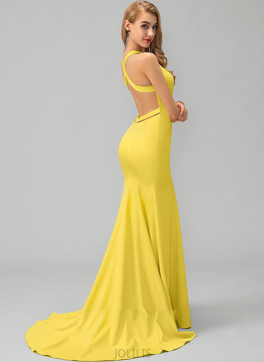 Sweep V-neck Stretch Prom Dresses Train Crepe Trumpet/Mermaid Lucile