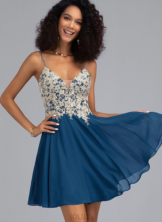 Short/Mini With Chiffon Roselyn Lace V-neck A-Line Dress Homecoming Dresses Beading Homecoming