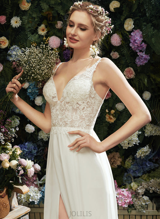 Floor-Length Wedding Dresses Aubree A-Line Chiffon Lace Wedding Dress V-neck