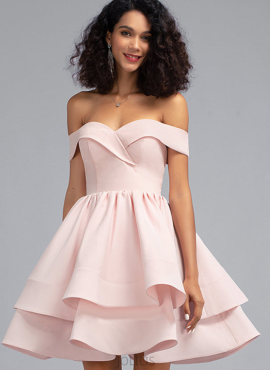 Crepe Cascading A-Line Prom Dresses Stretch With Off-the-Shoulder Ruffles Abigail Short/Mini