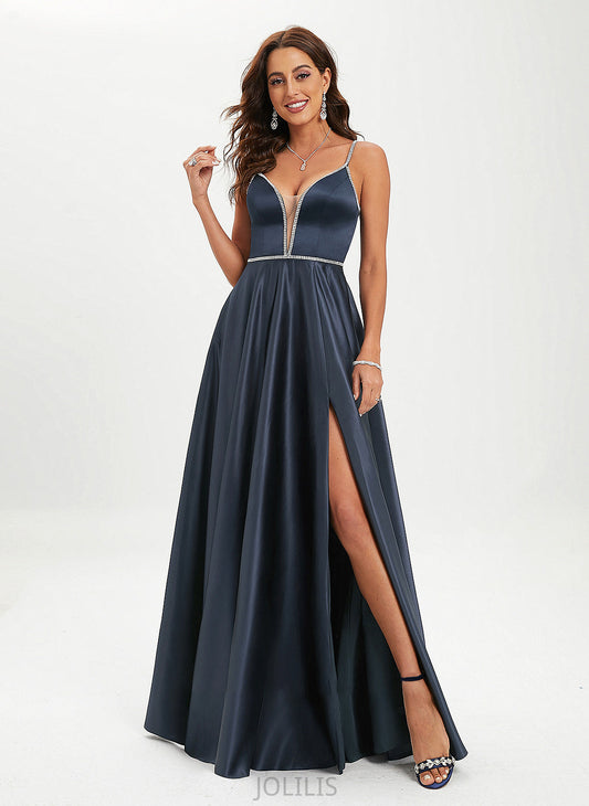 Alina With Satin V-neck Sequins Prom Dresses Beading Ball-Gown/Princess Floor-Length