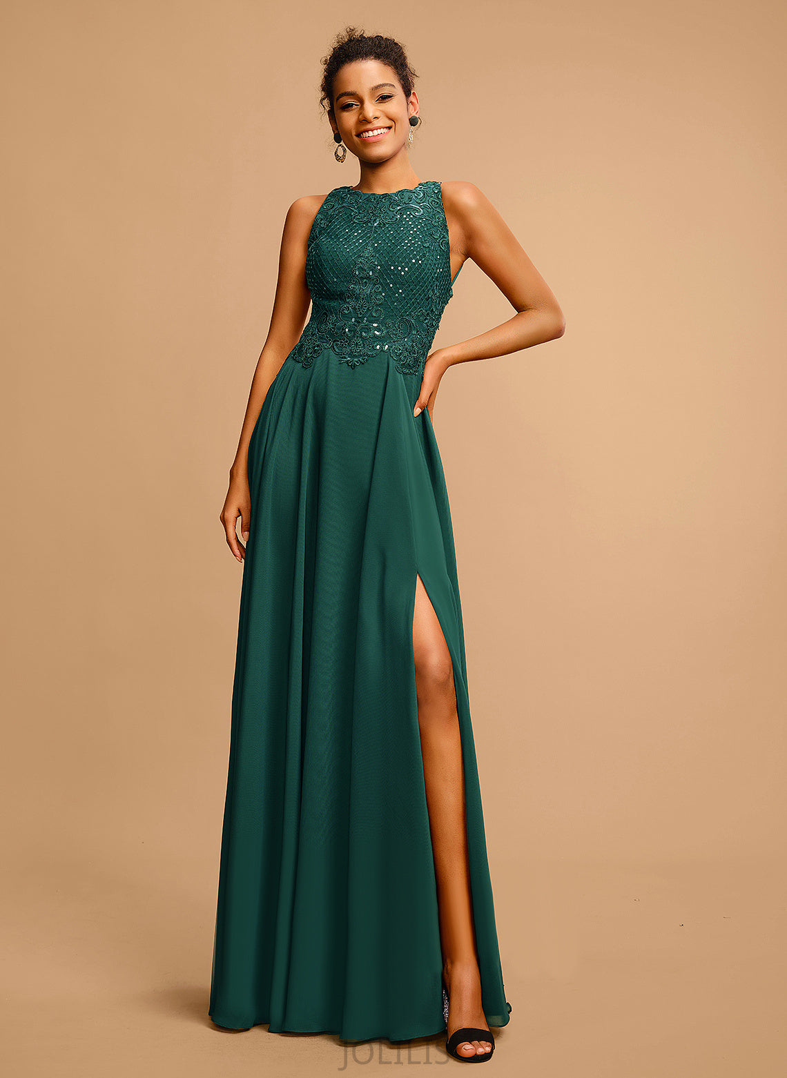 Prom Dresses Sequins Jasmin Lace A-Line Chiffon With Floor-Length Scoop