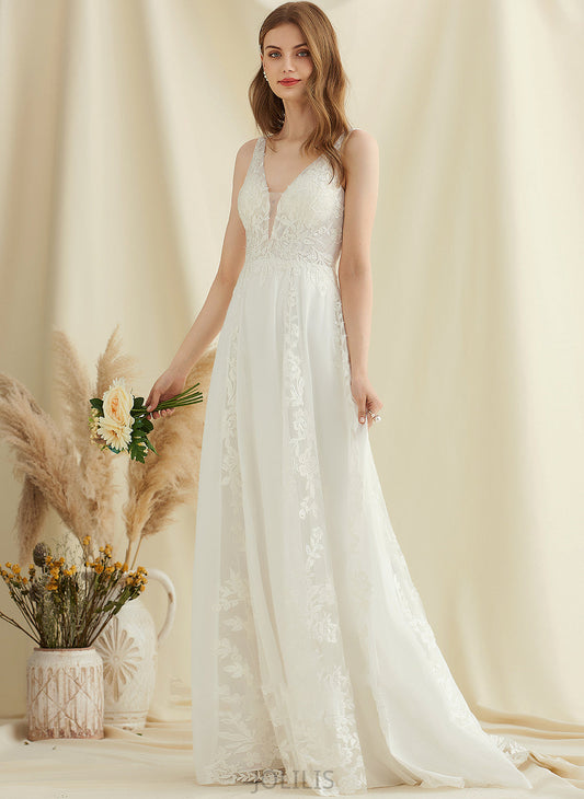 Lace A-Line With Wedding Dress Sequins Chiffon Train Wedding Dresses V-neck Sweep Frederica