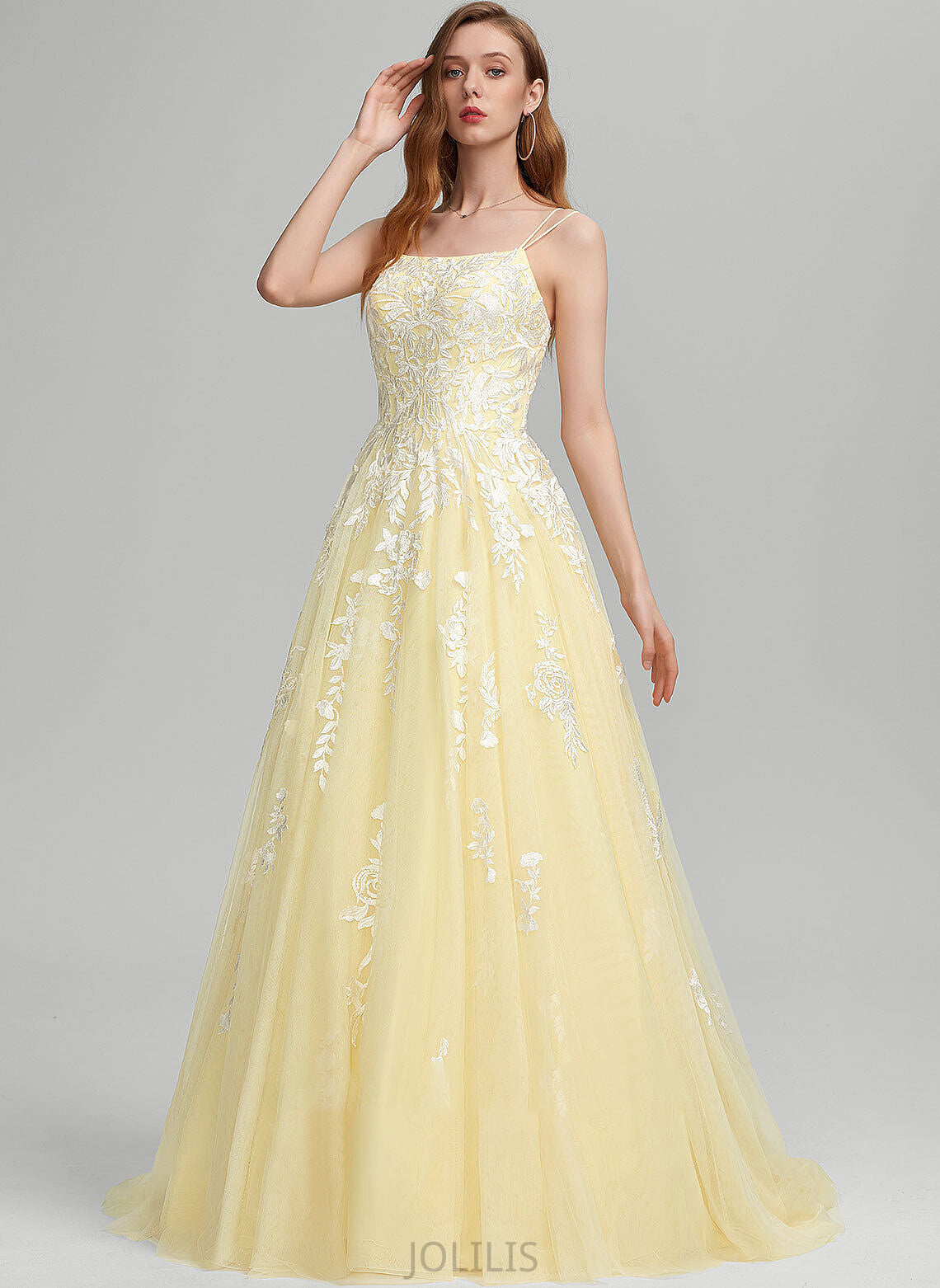 Elvira Square Neckline Train Ball-Gown/Princess Tulle Prom Dresses Sweep