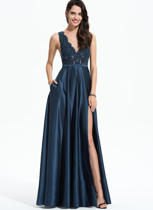 With Pockets Sequins A-Line Satin Floor-Length Front Lace Jayden Split V-neck Prom Dresses