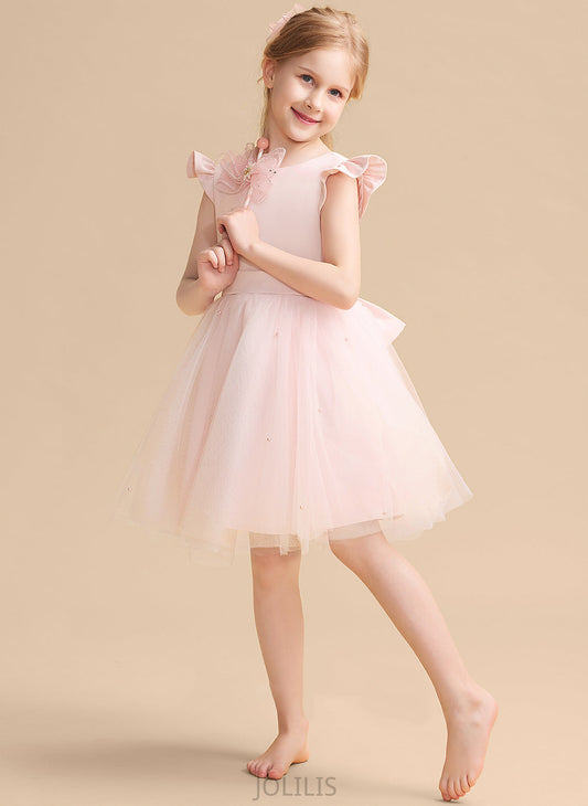 Dress With A-Line Azaria Ruffles/Beading/Bow(s) - Sleeveless Flower Girl Dresses Flower Girl Knee-length Neck Tulle Scoop