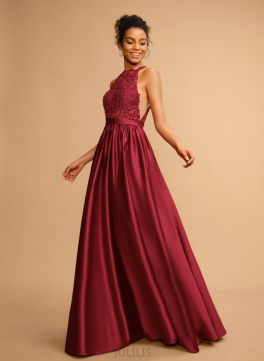 Lace With Sequins Ball-Gown/Princess Satin Halter Kailee Prom Dresses Floor-Length