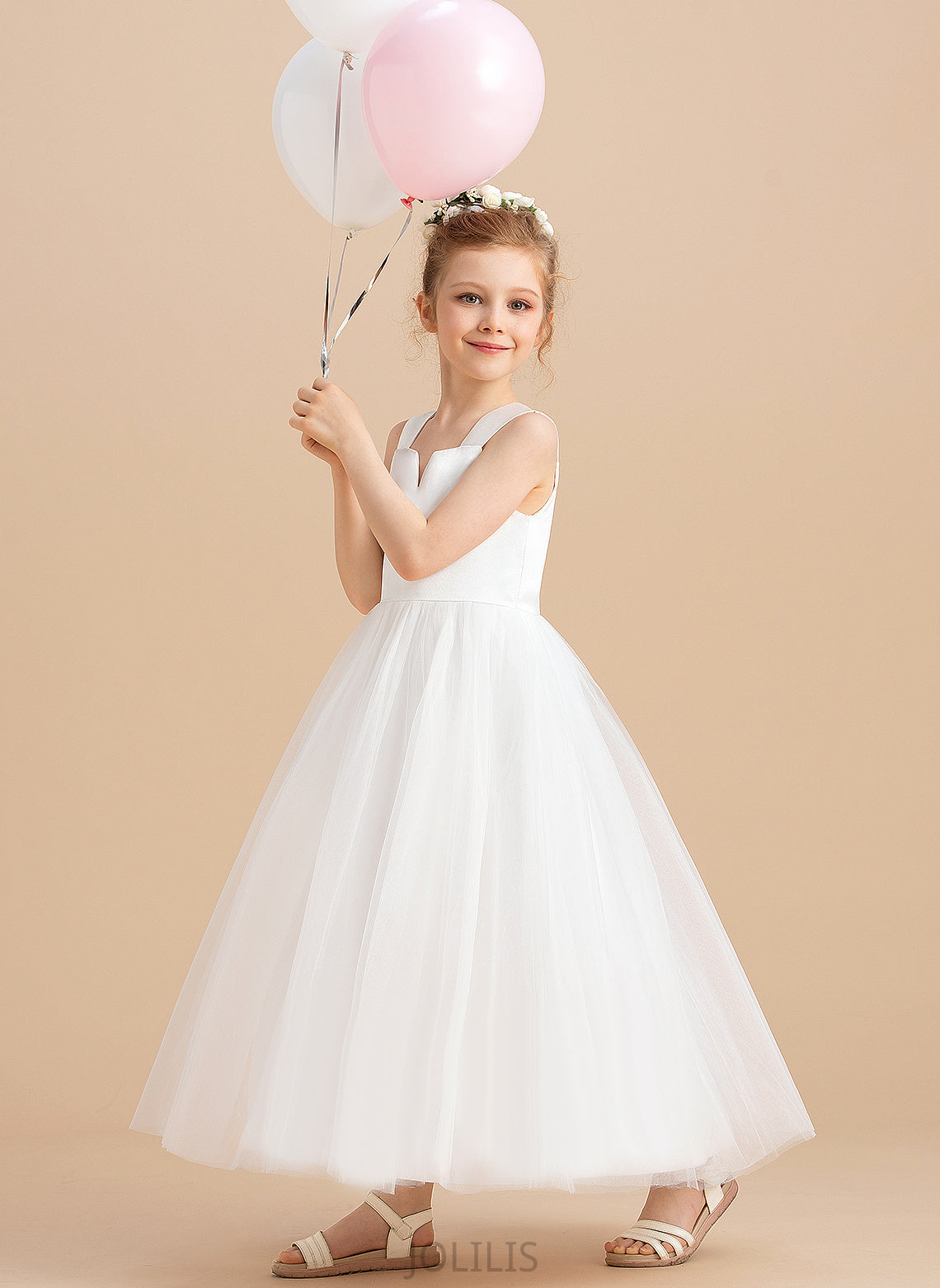 Neckline Flower Satin/Tulle Girl Ankle-length Dress - Square Sleeveless Ball Gown Jazmin Flower Girl Dresses