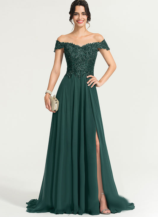 Train Off-the-Shoulder Sequins Chiffon With Lace Sweep Annabelle Prom Dresses A-Line