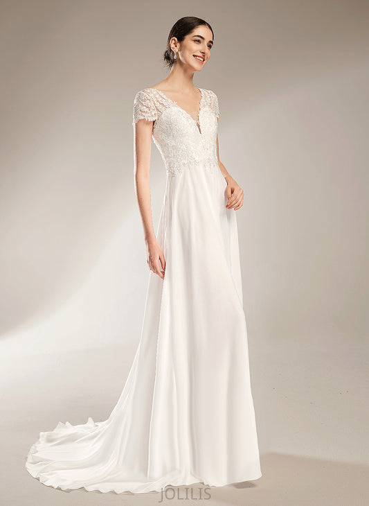 Finley A-Line Train Court V-neck Chiffon With Dress Bow(s) Wedding Wedding Dresses Lace