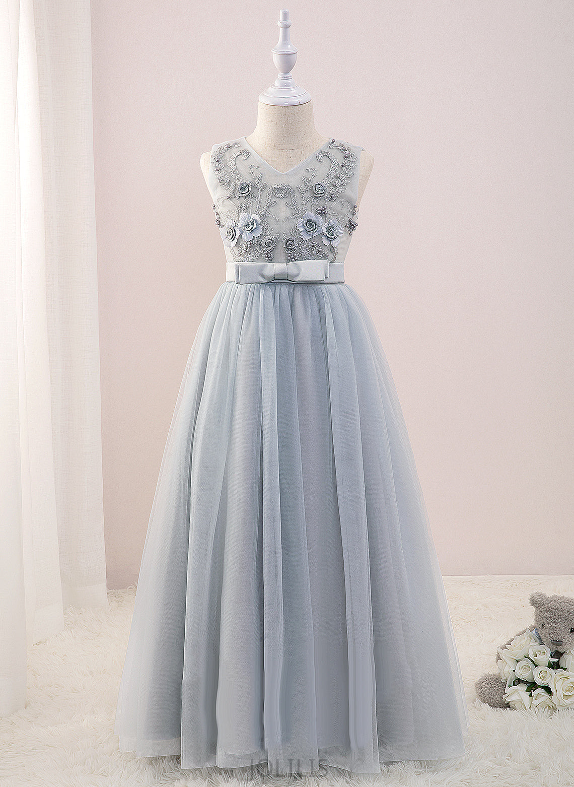 A-Line Sleeveless Girl Desirae V-neck Flower Girl Dresses Flower - With Floor-length Beading/Flower(s) Dress Tulle/Lace