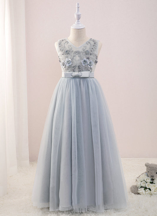 A-Line Sleeveless Girl Desirae V-neck Flower Girl Dresses Flower - With Floor-length Beading/Flower(s) Dress Tulle/Lace