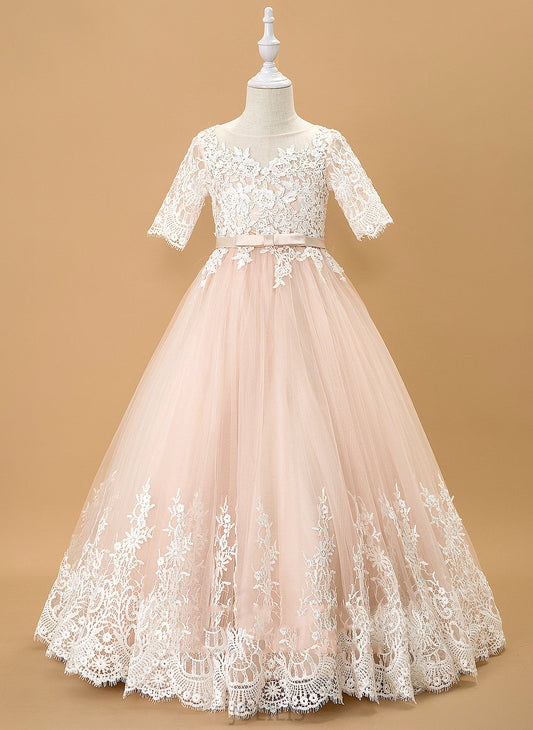 Flower Girl Dresses - Flower Girl Ball-Gown/Princess Scoop Tulle/Lace With Floor-length Sleeves Dress Neck 1/2 Dana Bow(s)