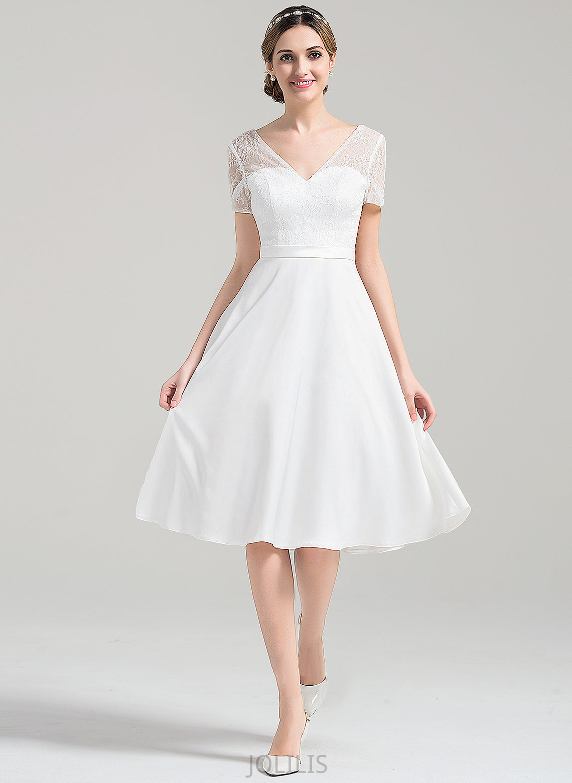 V-neck Wedding Ximena Dress Knee-Length Wedding Dresses Satin A-Line