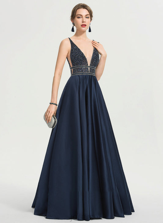 Ball-Gown/Princess Sequins With V-neck Beading Aubree Prom Dresses Floor-Length Satin