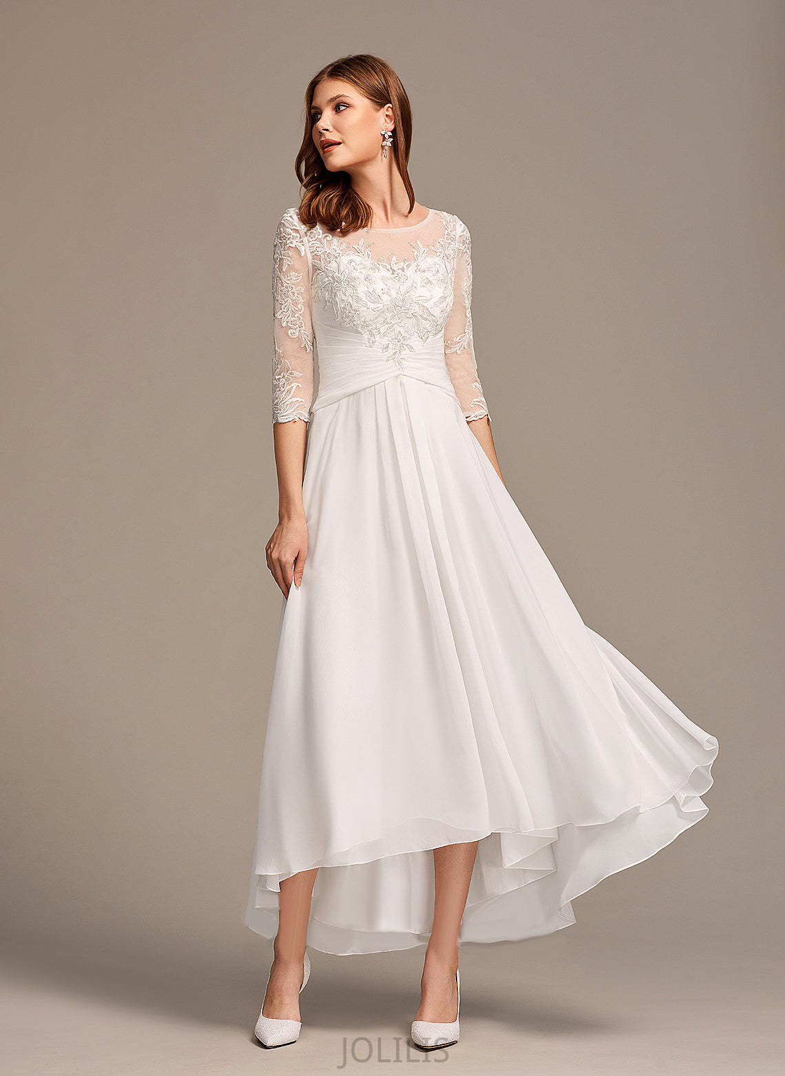 Wedding Dresses Cindy A-Line Illusion Wedding Asymmetrical Dress Chiffon With Lace