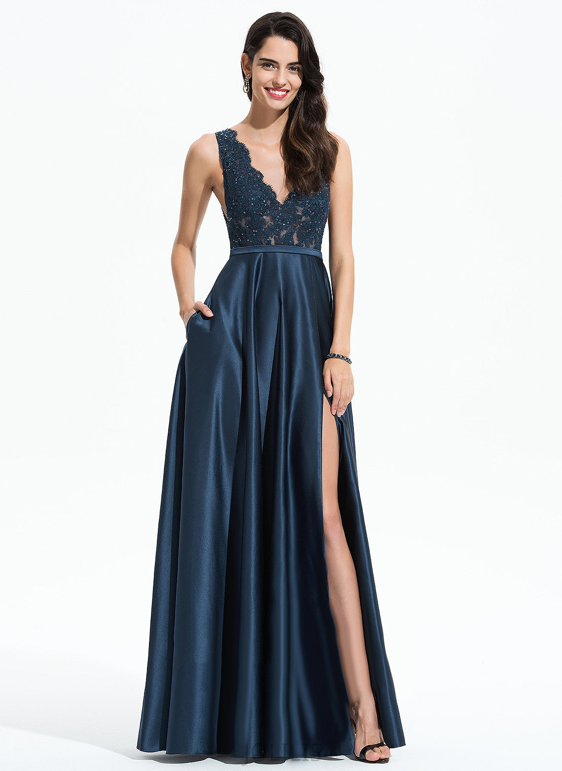 A-Line Satin Sequins With Aracely Lace V-neck Floor-Length Prom Dresses