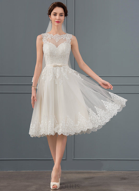 Satin Illusion Lace Tulle Raven Wedding Knee-Length A-Line Wedding Dresses With Dress Bow(s)