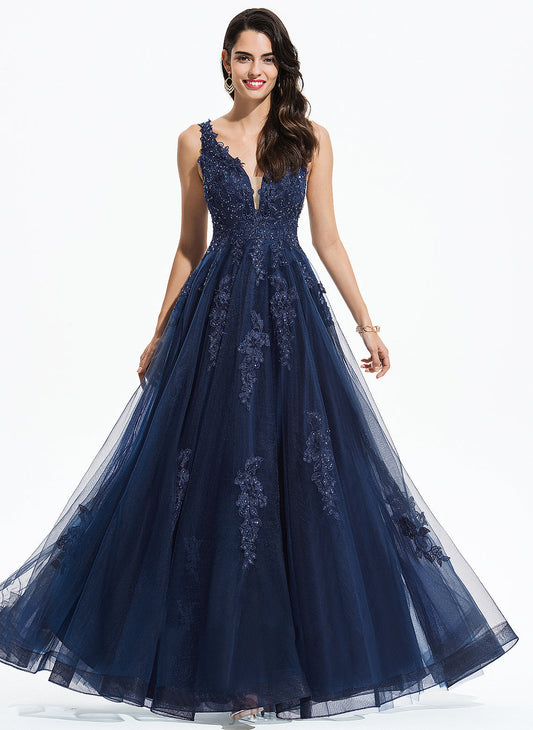 Sequins Prom Dresses Tulle Floor-Length A-Line Lola With V-neck Lace