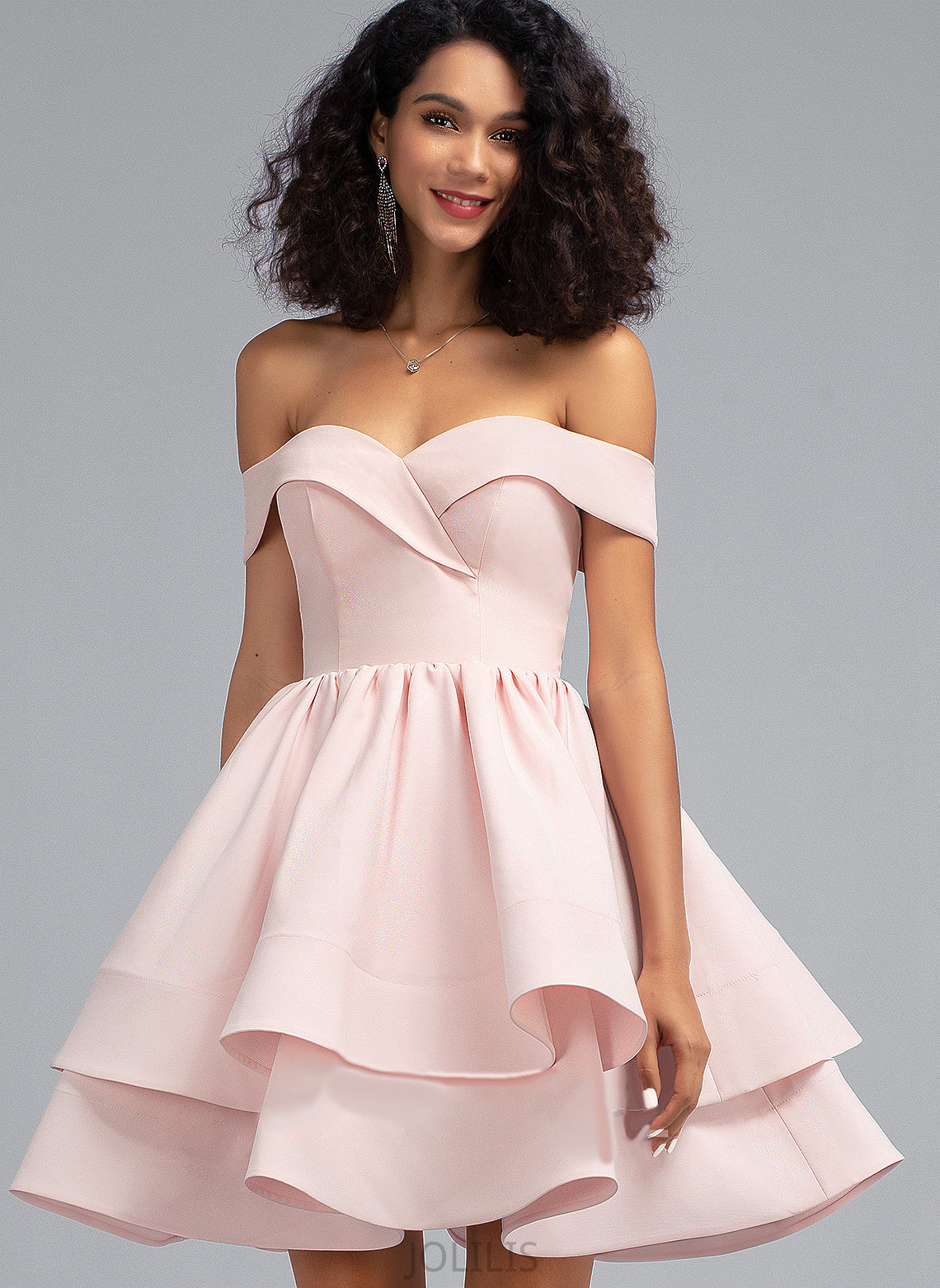 Short/Mini With Stretch Off-the-Shoulder Cascading Homecoming Kinley Dress A-Line Homecoming Dresses Ruffles Crepe