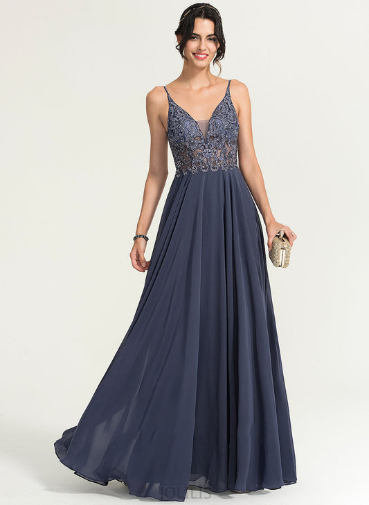 Renata Beading Prom Dresses A-Line Chiffon Sequins V-neck With Floor-Length