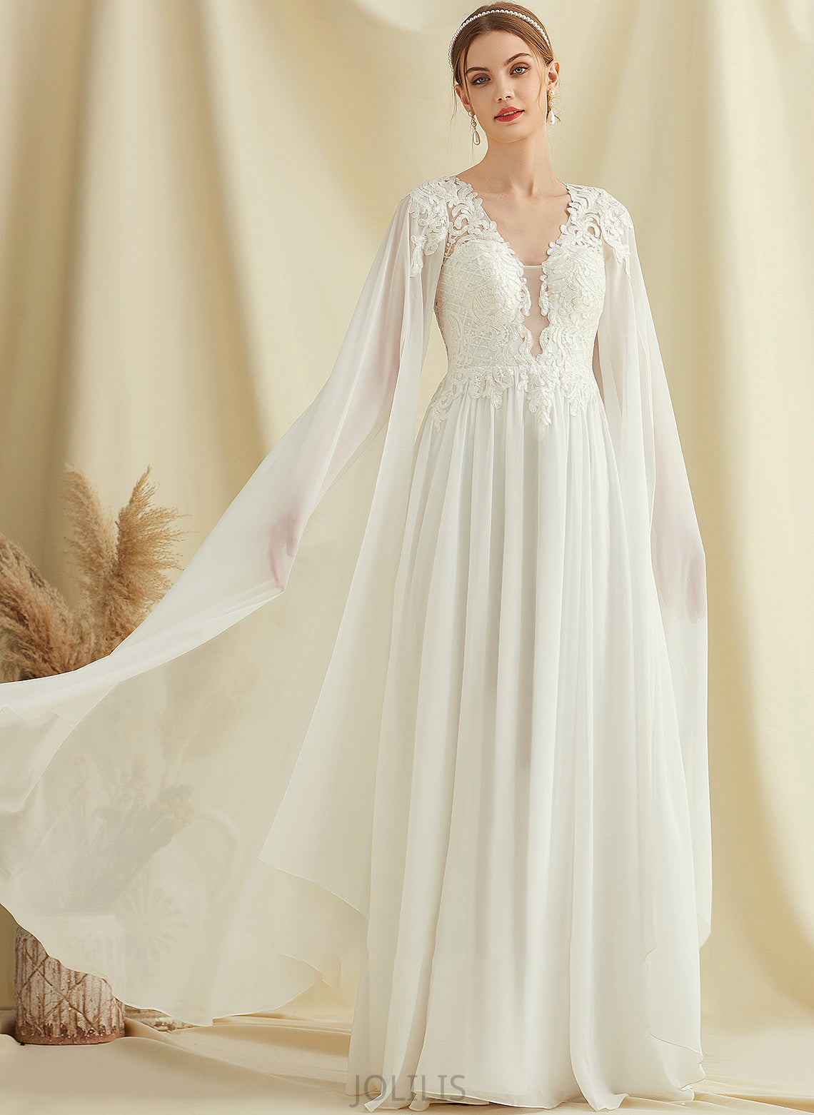 Floor-Length With Sequins Lace Dress Charlotte Chiffon Wedding Dresses Wedding A-Line V-neck