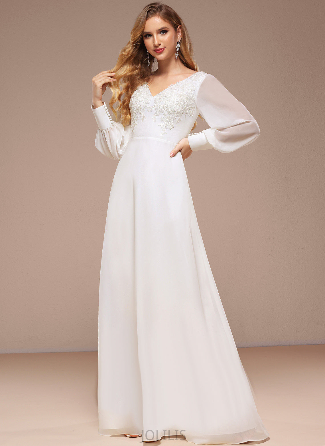 A-Line Floor-Length Wedding Dresses With Chiffon Dress Sequins Lace V-neck Wedding Helena