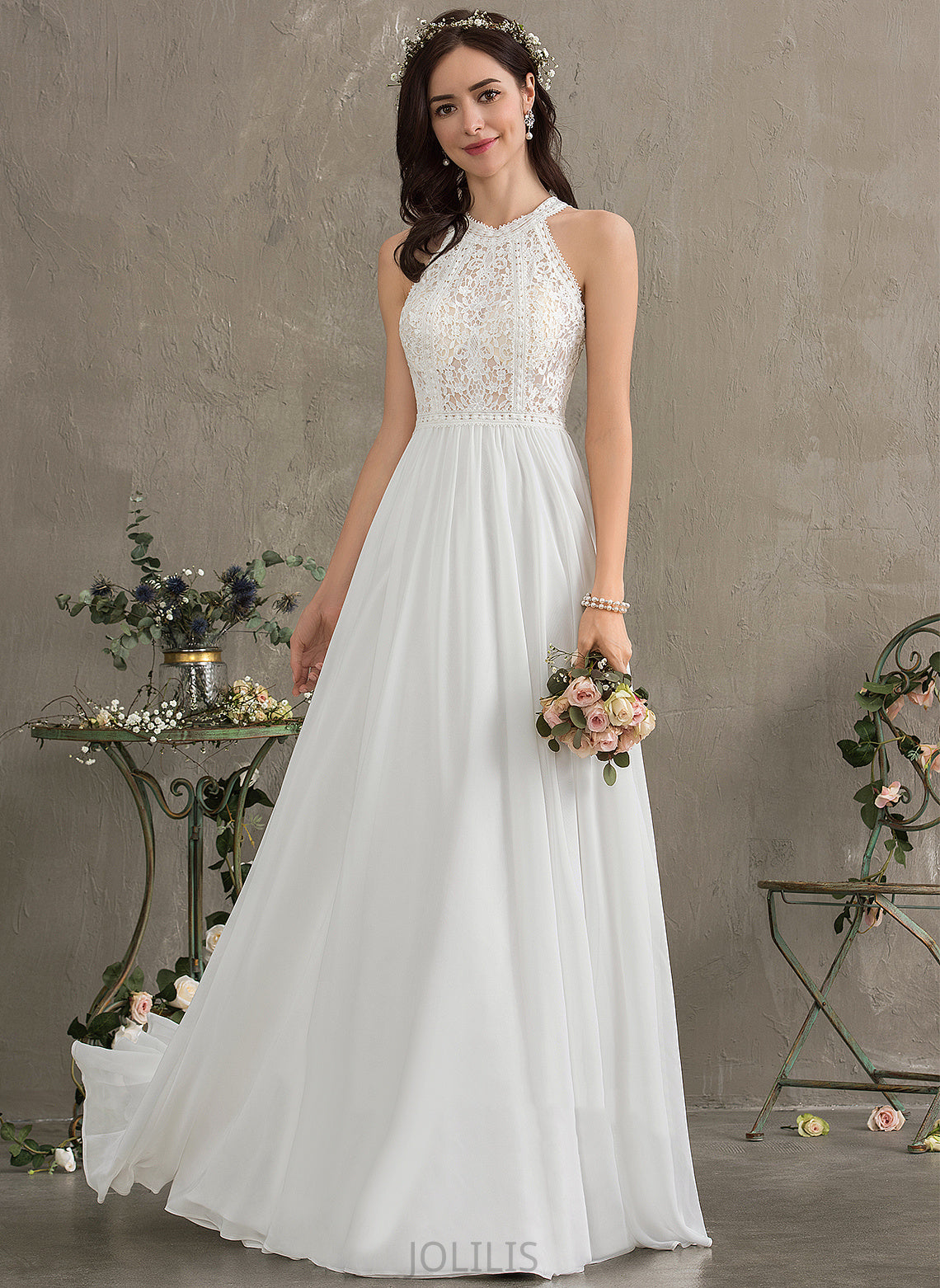 Scoop Chiffon Paula Wedding Dresses A-Line Neck Floor-Length Dress Wedding Lace