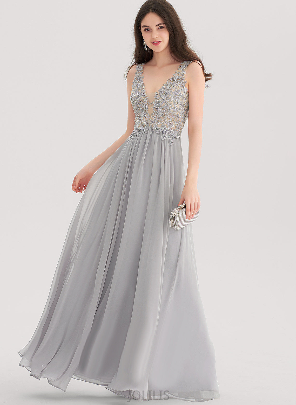 With A-Line Rhinestone Lace Floor-Length Chiffon Mira V-neck Prom Dresses