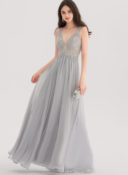 With A-Line Rhinestone Lace Floor-Length Chiffon Mira V-neck Prom Dresses