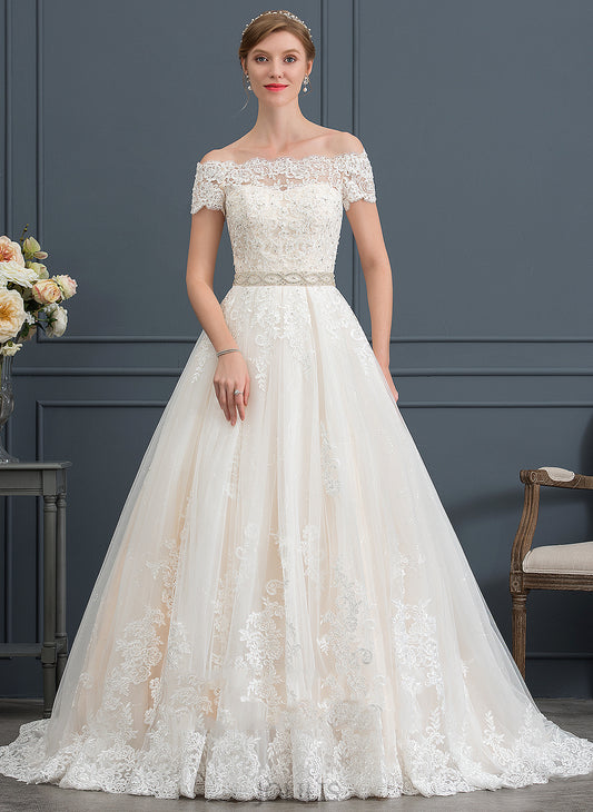 Train Off-the-Shoulder Wedding Susanna Tulle Dress Ball-Gown/Princess Sequins Beading With Lace Court Wedding Dresses