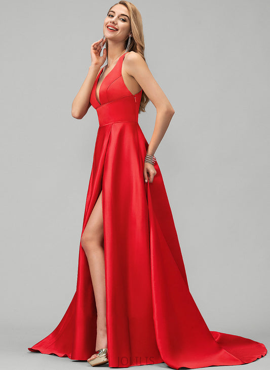 Ball-Gown/Princess Lucy Front Prom Dresses Split With V-neck Satin Train Sweep