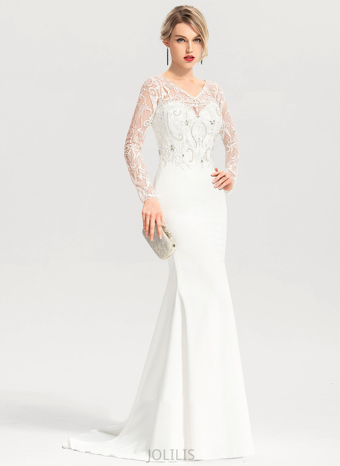 Trumpet/Mermaid Sweep V-neck With Stretch Vivien Dress Crepe Sequins Wedding Lace Beading Wedding Dresses Train