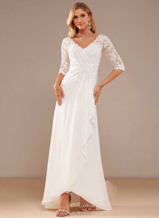 Chiffon Asymmetrical Ruffle Lace With Harper Lace V-neck A-Line Wedding Dresses Wedding Dress