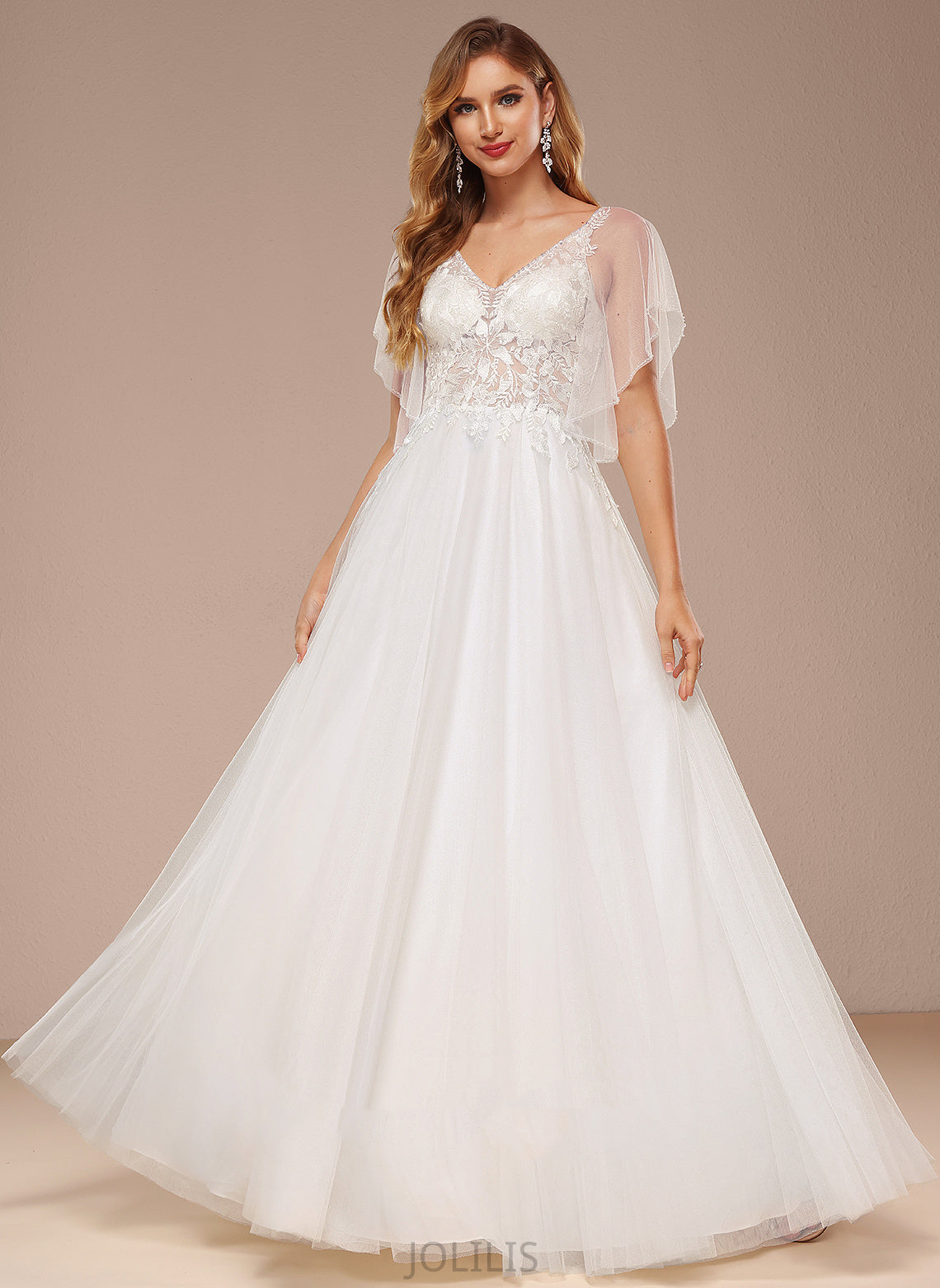 Lace Wedding V-neck Sequins A-Line Alison Floor-Length Tulle With Dress Wedding Dresses Ruffle