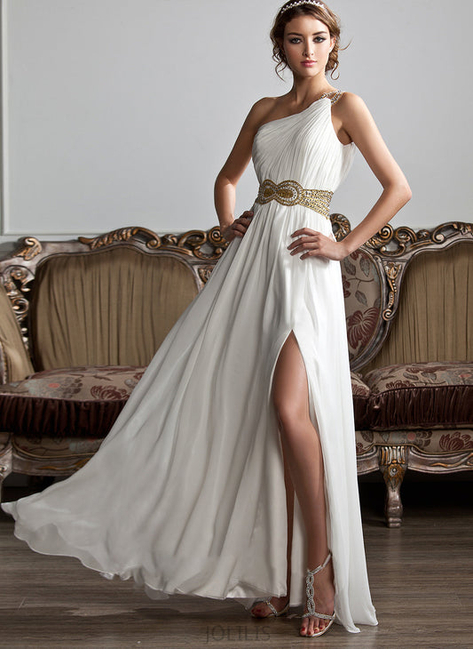 Front Floor-Length With Kelly Beading One-Shoulder Sequins Prom Dresses A-Line Chiffon Ruffle Split