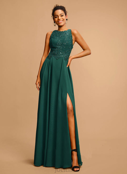 Split Front Chiffon Natalia Sequins Floor-Length Lace Scoop Neck A-Line Prom Dresses With