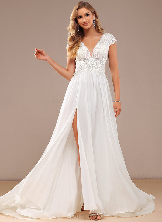 Split Sweep Frances Lace Wedding Dresses V-neck Dress Train A-Line Lace Chiffon Wedding With Front