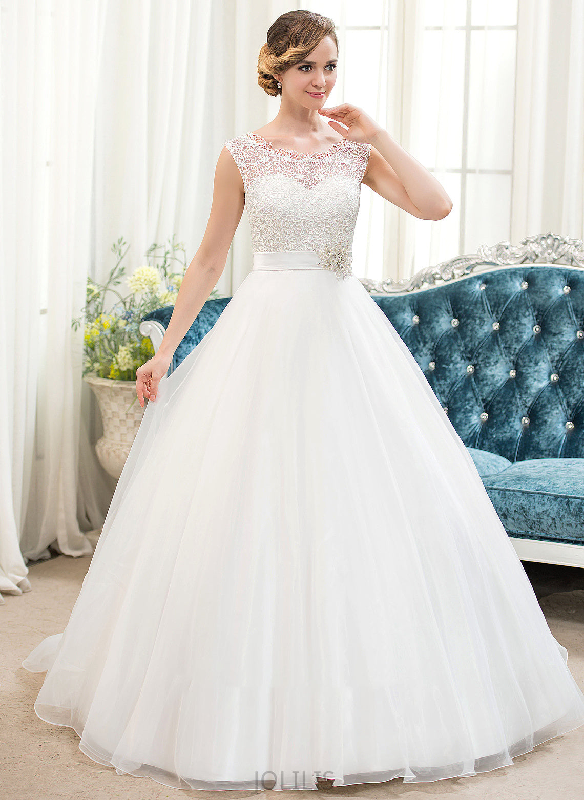 Sweep Mallory Train Scoop Neck Organza Ball-Gown/Princess Sequins Dress Wedding Lace Beading Wedding Dresses With